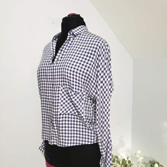 Zara Trafaluc Top Blue White Gingham Plaid Country Blouse Small Farm Checkered - Picture 4 of 8